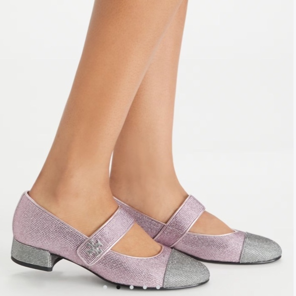 Tory Burch Pink and Gray Stone Cap Toe Mary Jane